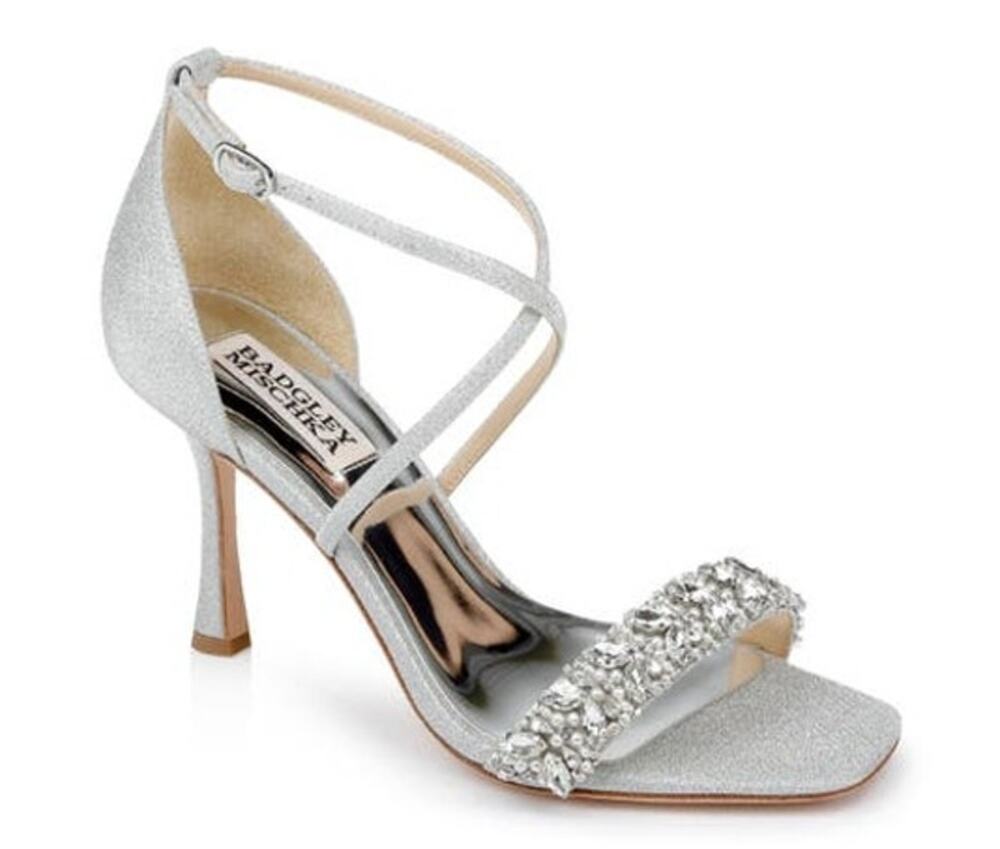 Badgley Mischka Womens Nala Glitter Strappy Heels Size 8 Silver Satin NWOB